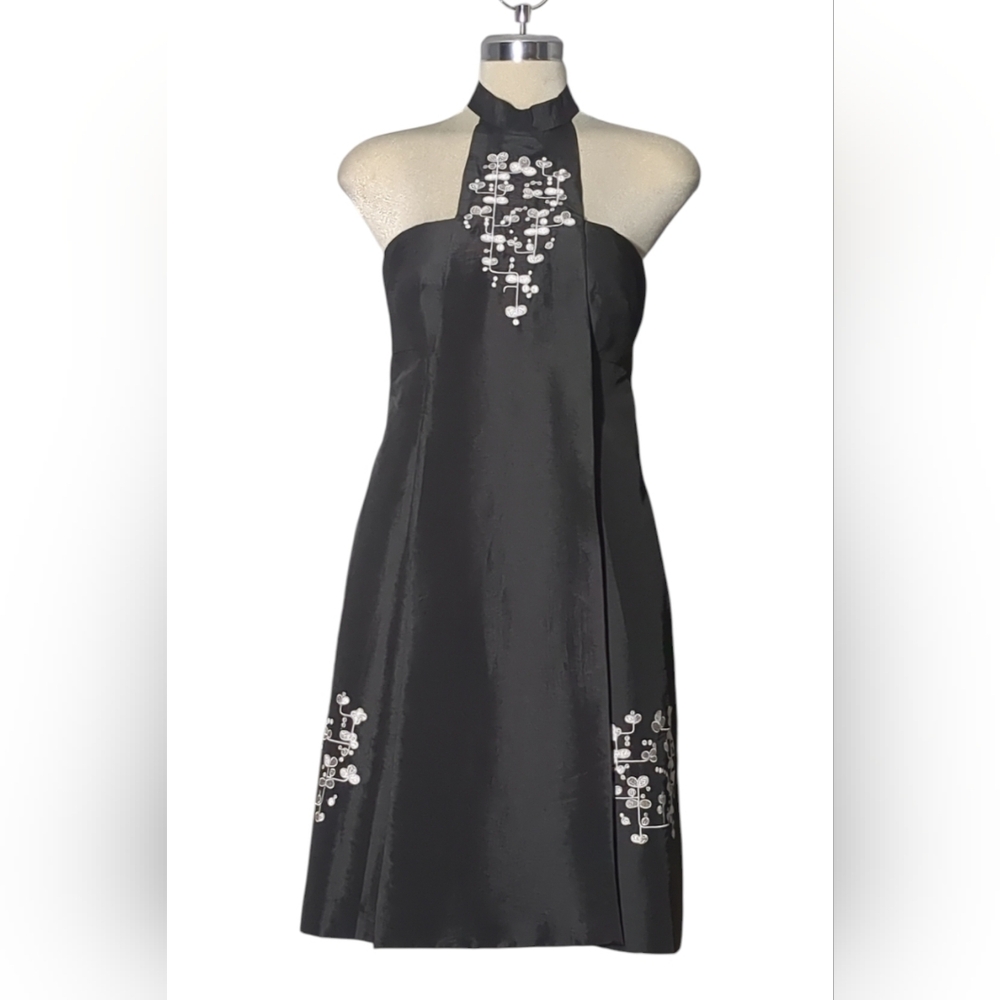 Simon Chang Luxury Black Strapless Dress with White Floral Design